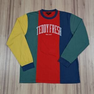 Teddy Fresh Shirt Mens Medium Color Block Pullover Spellout Embroidered Retro
